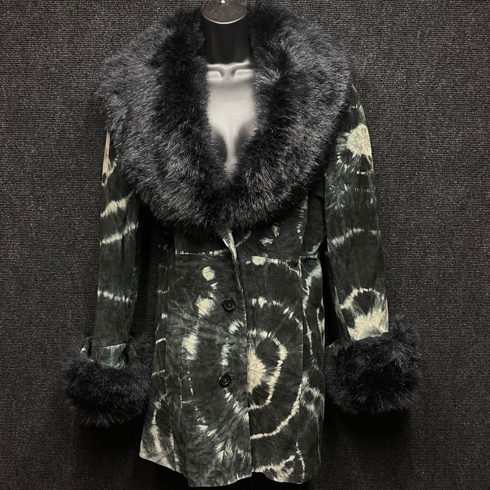 Vintage Maxima Wilsons Leather Tie Dye Suede Coat Faux Fur size Large RARE!